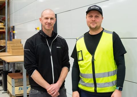 In fron of Agilon automated warehouse user Robin Granrud, (right) and Logistics Manager Krister Sigrén are pleased with the improvements it has brought to warehouse operations.